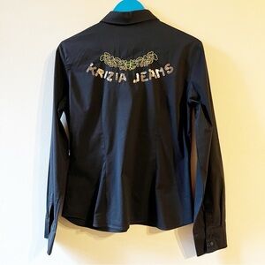 Krizia Jeans Women Sequined Spellout Button Up Shirt 12 Medium Black Y2K Stretch